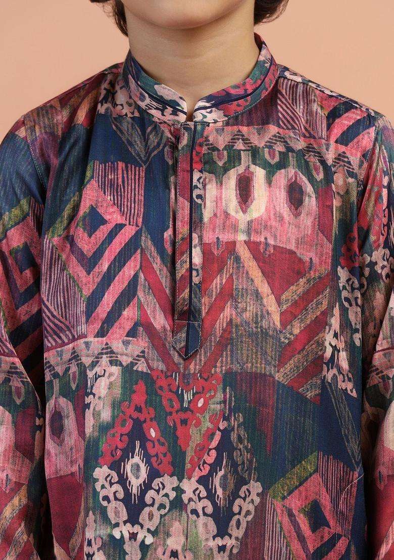 Multi Printed Viscose Kurta Set For Boys - Indya
