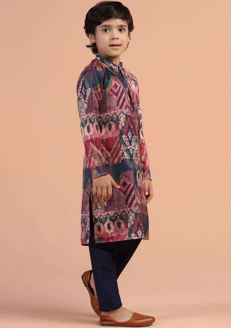 Multi Printed Viscose Kurta Set For Boys - Indya