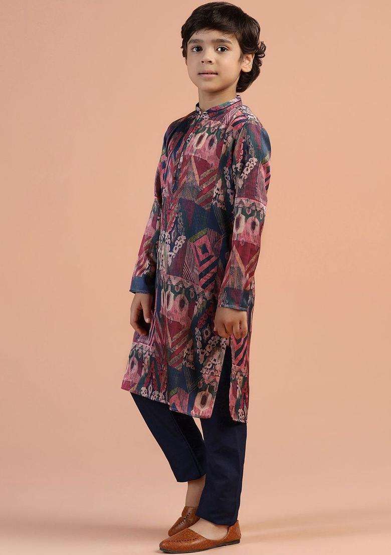 Multi Printed Viscose Kurta Set For Boys - Indya