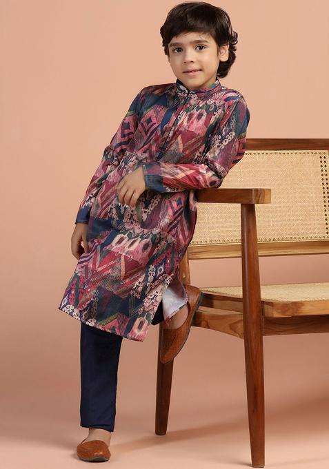 Multi Printed Viscose Kurta Set For Boys
