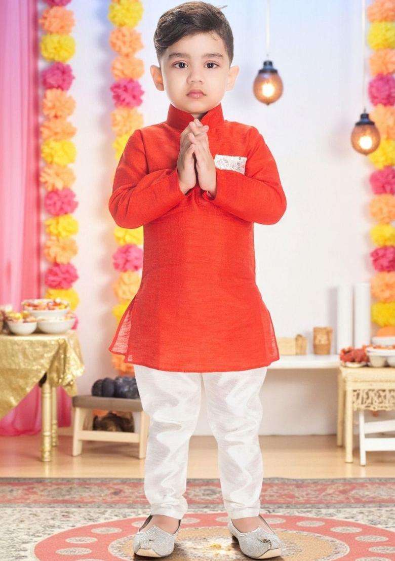 Red Solid Cotton Kurta Set For Boys - Indya
