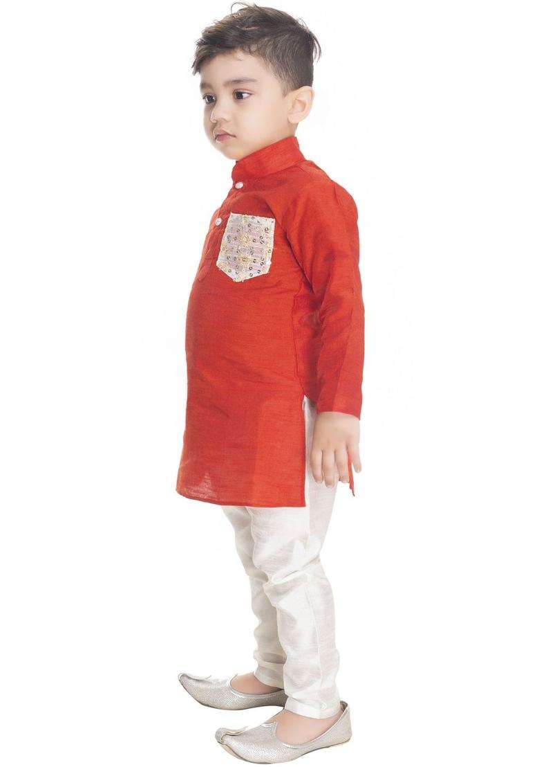 Red Solid Cotton Kurta Set For Boys - Indya