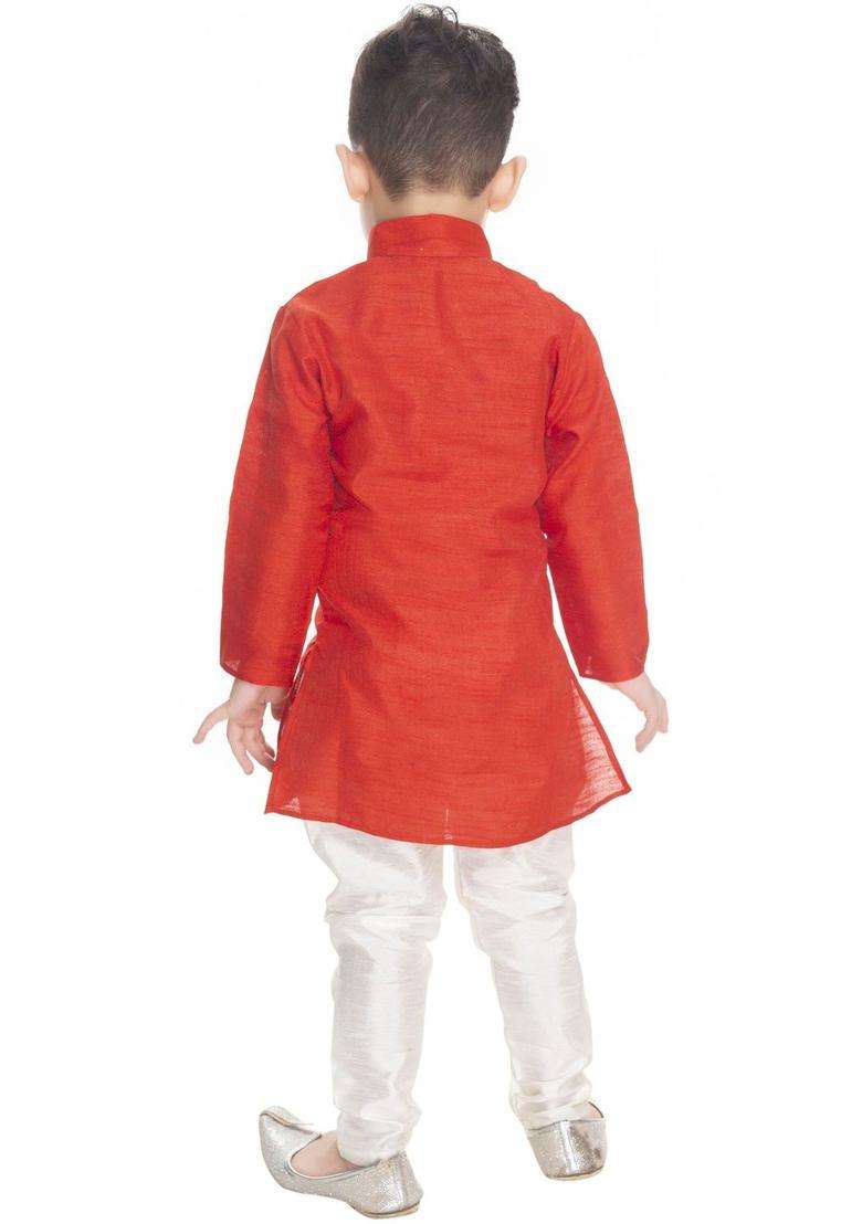 Red Solid Cotton Kurta Set For Boys - Indya