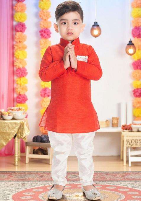 Red Solid Cotton Kurta Set For Boys