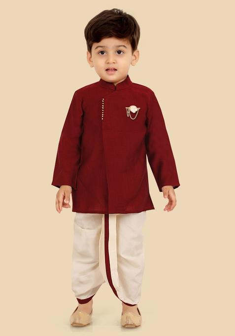 Maroon Solid Silk Kurta Set For Boys — view on Indya