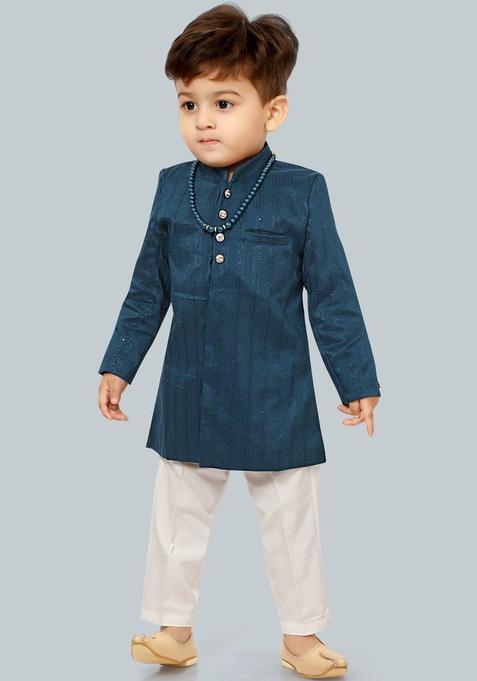 Teal Woven Design Silk Kurta Set For Boys — view on Indya