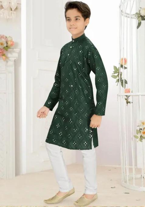 Green Self Design Cotton Kurta Set For Boys — view on Indya