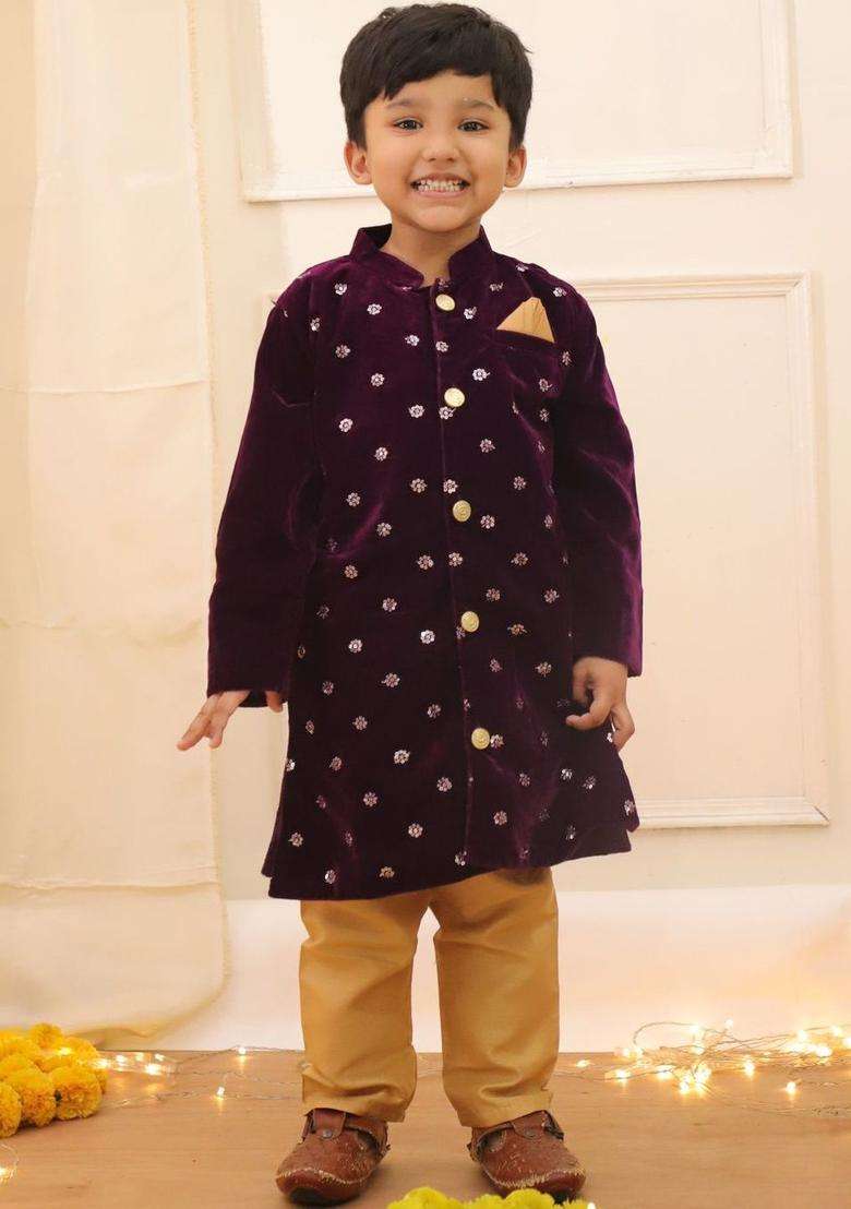 Purple Embroidered Velvet Kurta Set For Boys - Indya