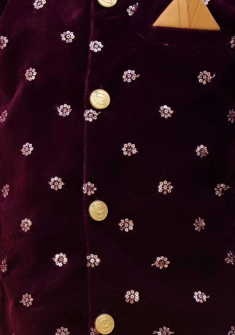 Purple Embroidered Velvet Kurta Set For Boys - Indya