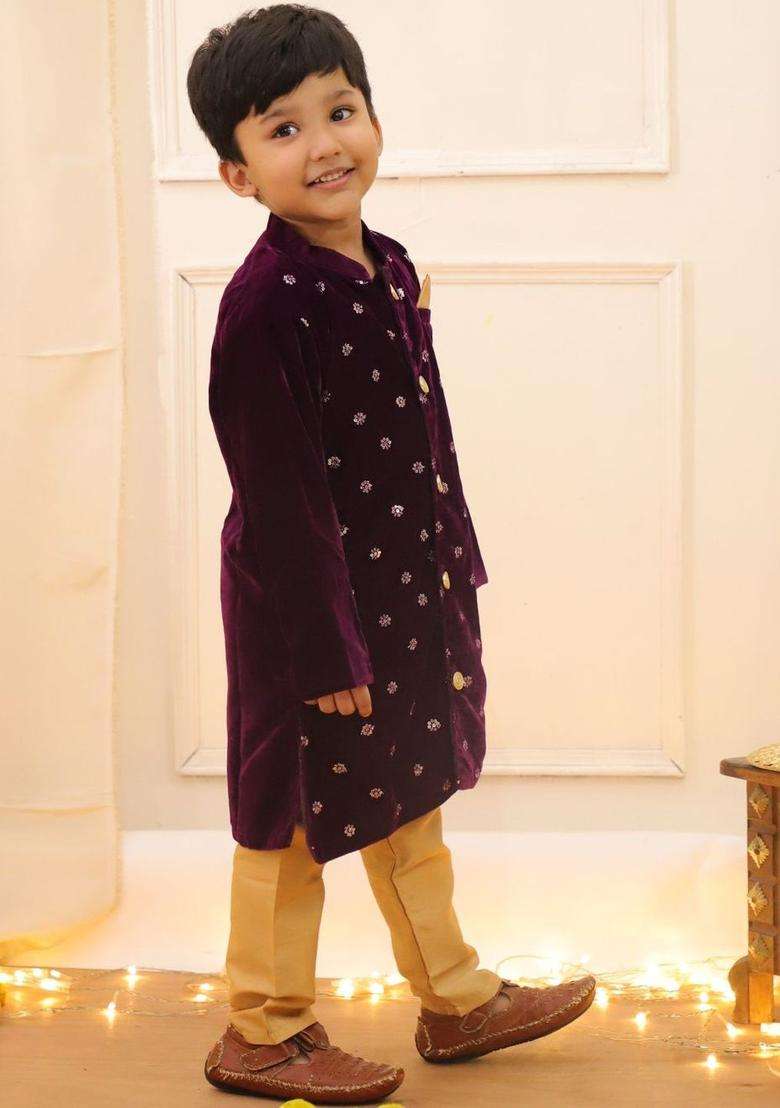Purple Embroidered Velvet Kurta Set For Boys - Indya