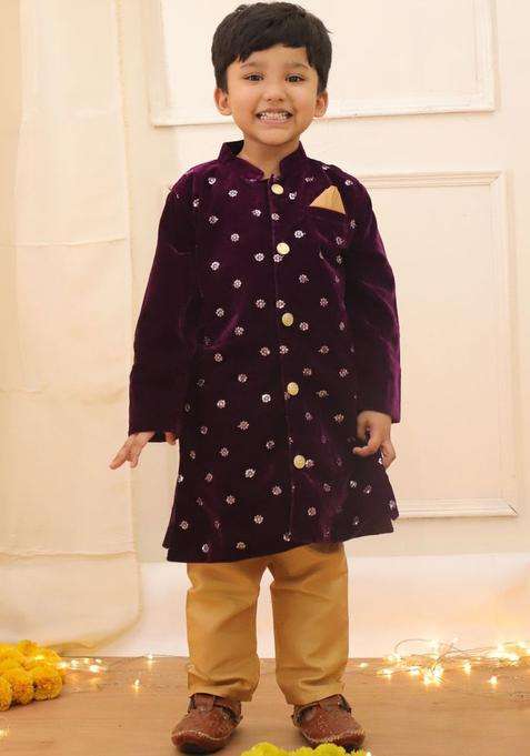 Purple Embroidered Velvet Kurta Set For Boys