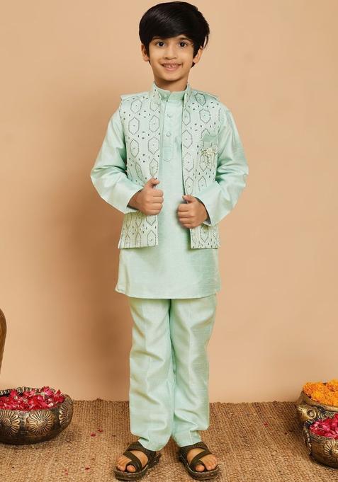 Sea Green Solid Silk Kurta Set For Boys — view on Indya