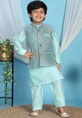 Turquoise Blue Solid Silk Kurta Set For Boys