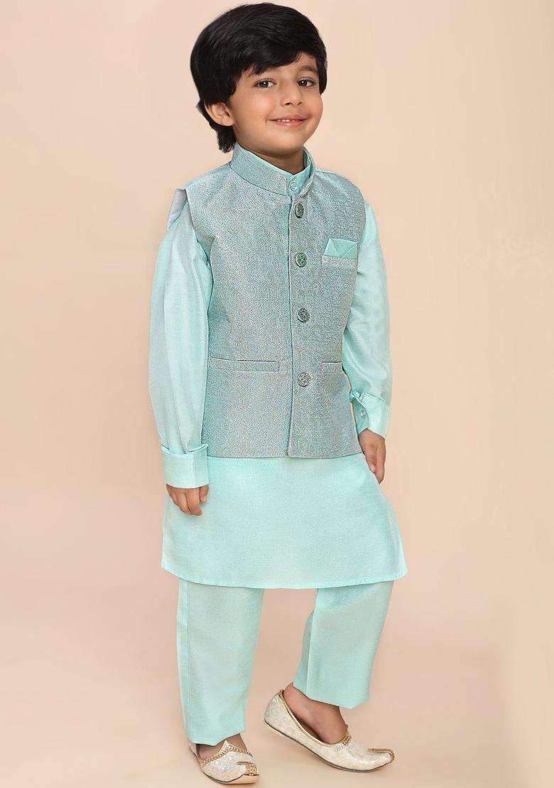 Turquoise Blue Solid Silk Kurta Set For Boys - Indya