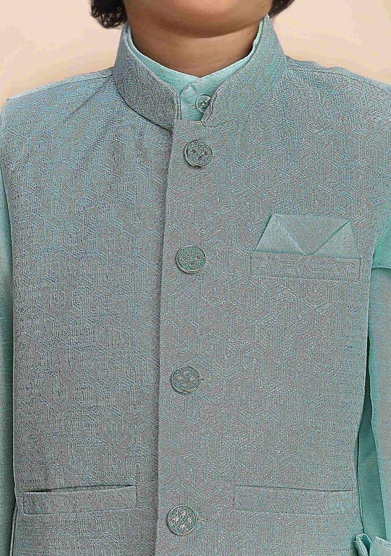 Turquoise Blue Solid Silk Kurta Set For Boys - Indya