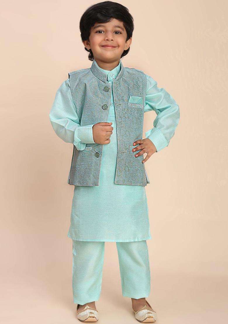 Turquoise Blue Solid Silk Kurta Set For Boys - Indya