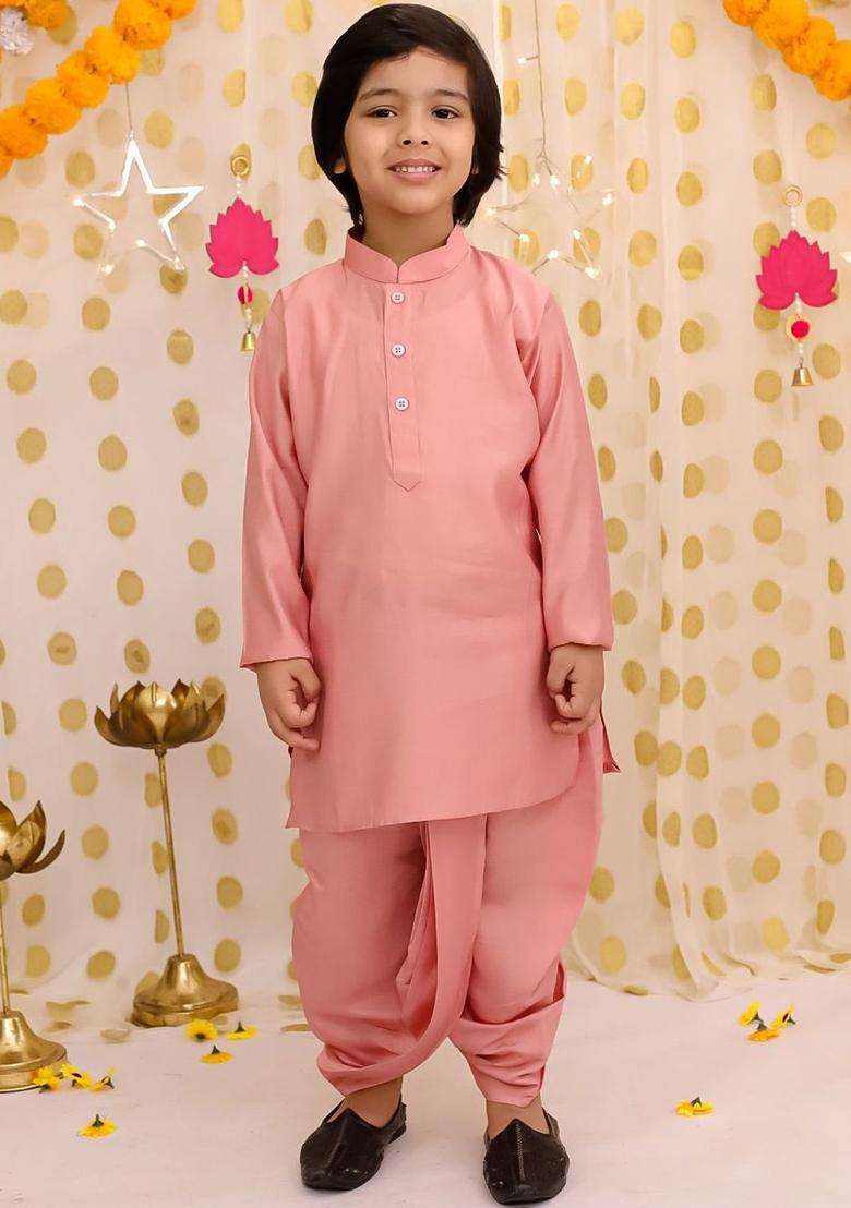 Peach Solid Silk Kurta Set For Boys - Indya