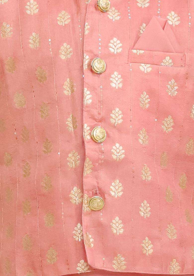 Peach Solid Silk Kurta Set For Boys - Indya