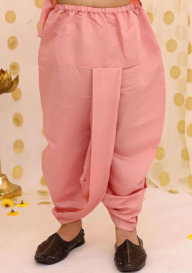 Peach Solid Silk Kurta Set For Boys - Indya
