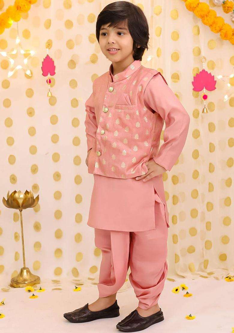 Peach Solid Silk Kurta Set For Boys - Indya
