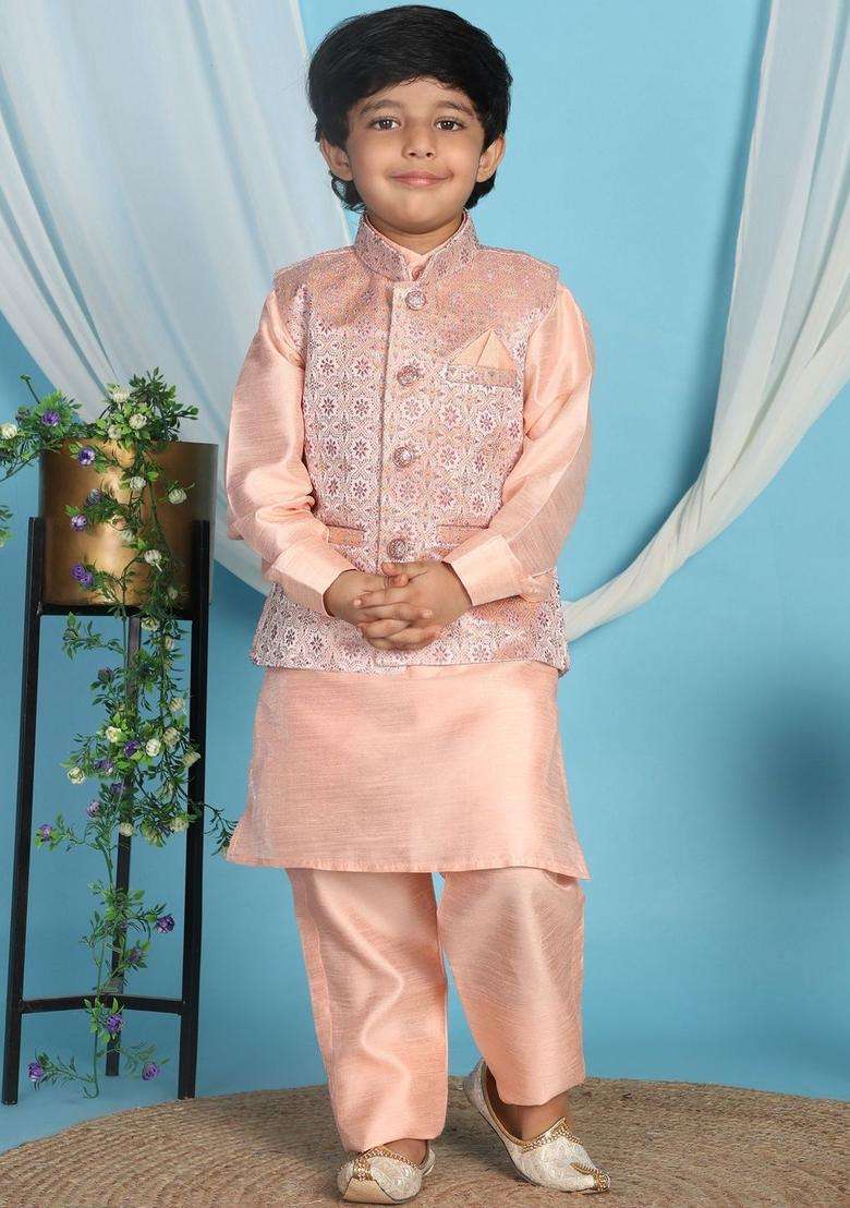 Peach Solid Silk Kurta Set For Boys - Indya