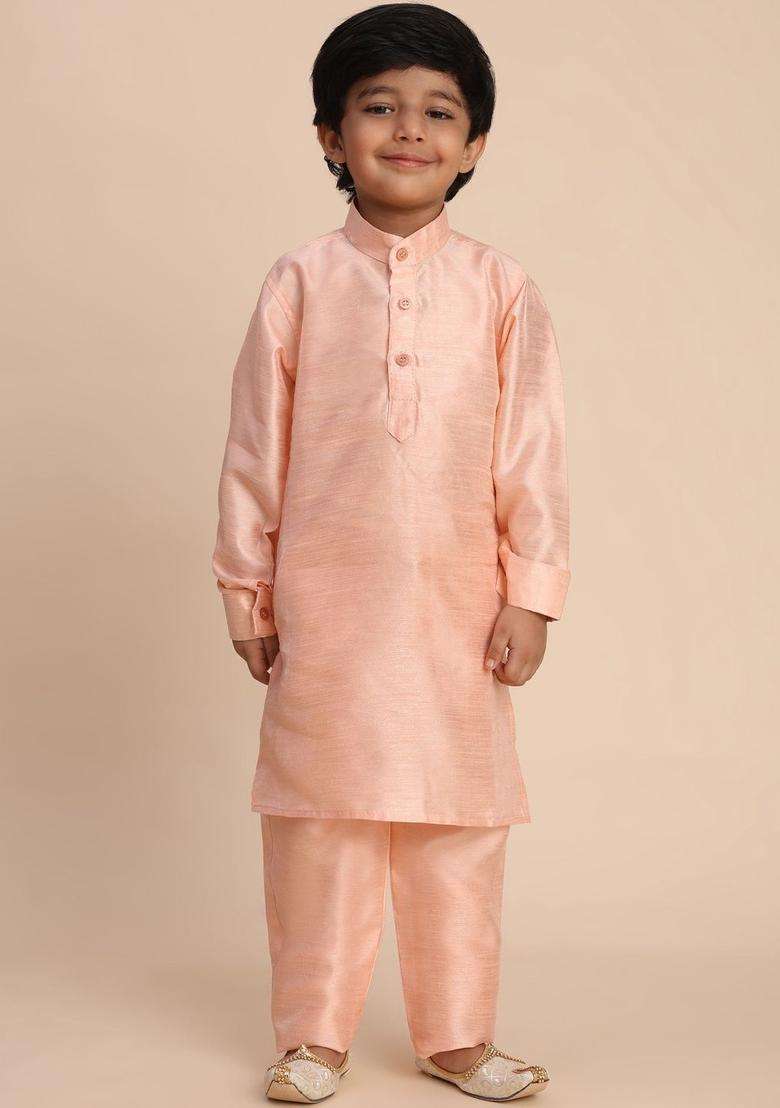 Peach Solid Silk Kurta Set For Boys - Indya
