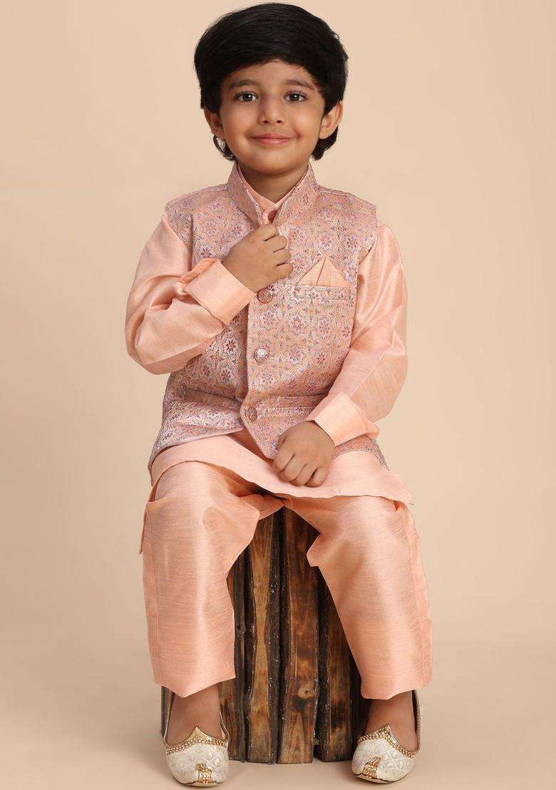 Peach Solid Silk Kurta Set For Boys - Indya
