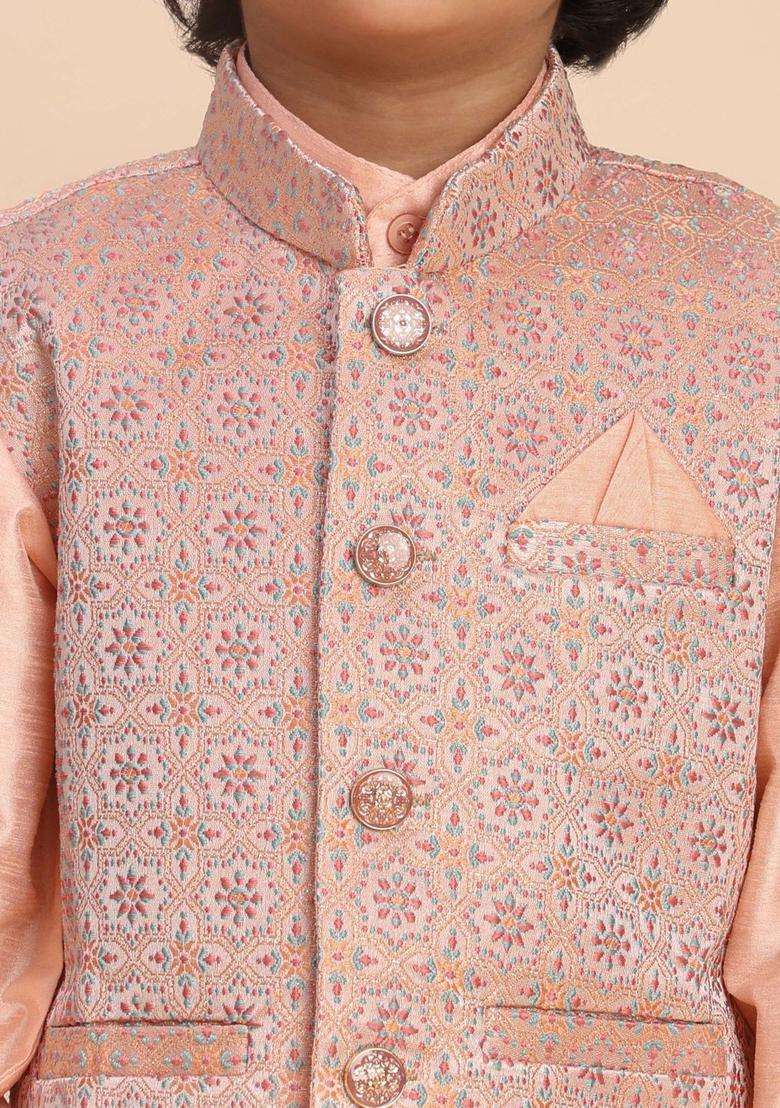 Peach Solid Silk Kurta Set For Boys - Indya
