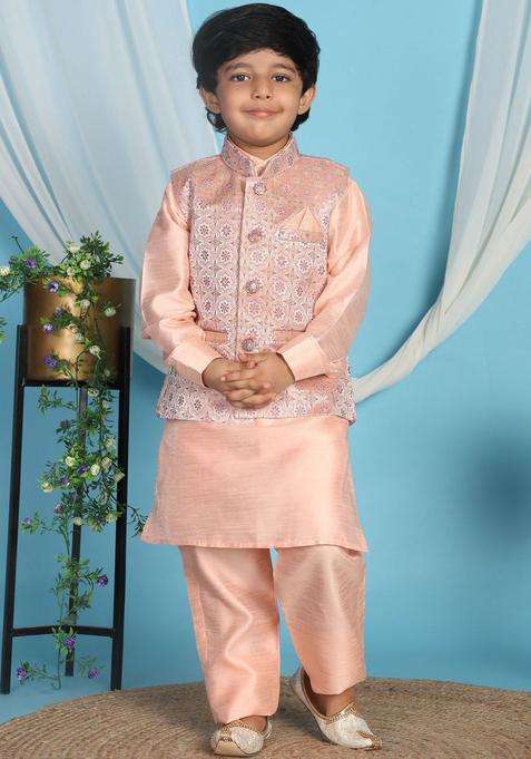 Peach Solid Silk Kurta Set For Boys