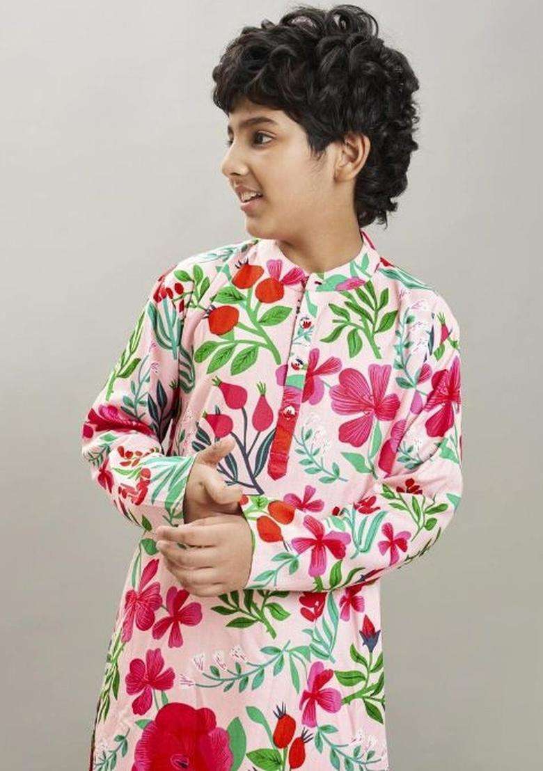 Peach Printed Viscose Kurta Set For Boys - Indya