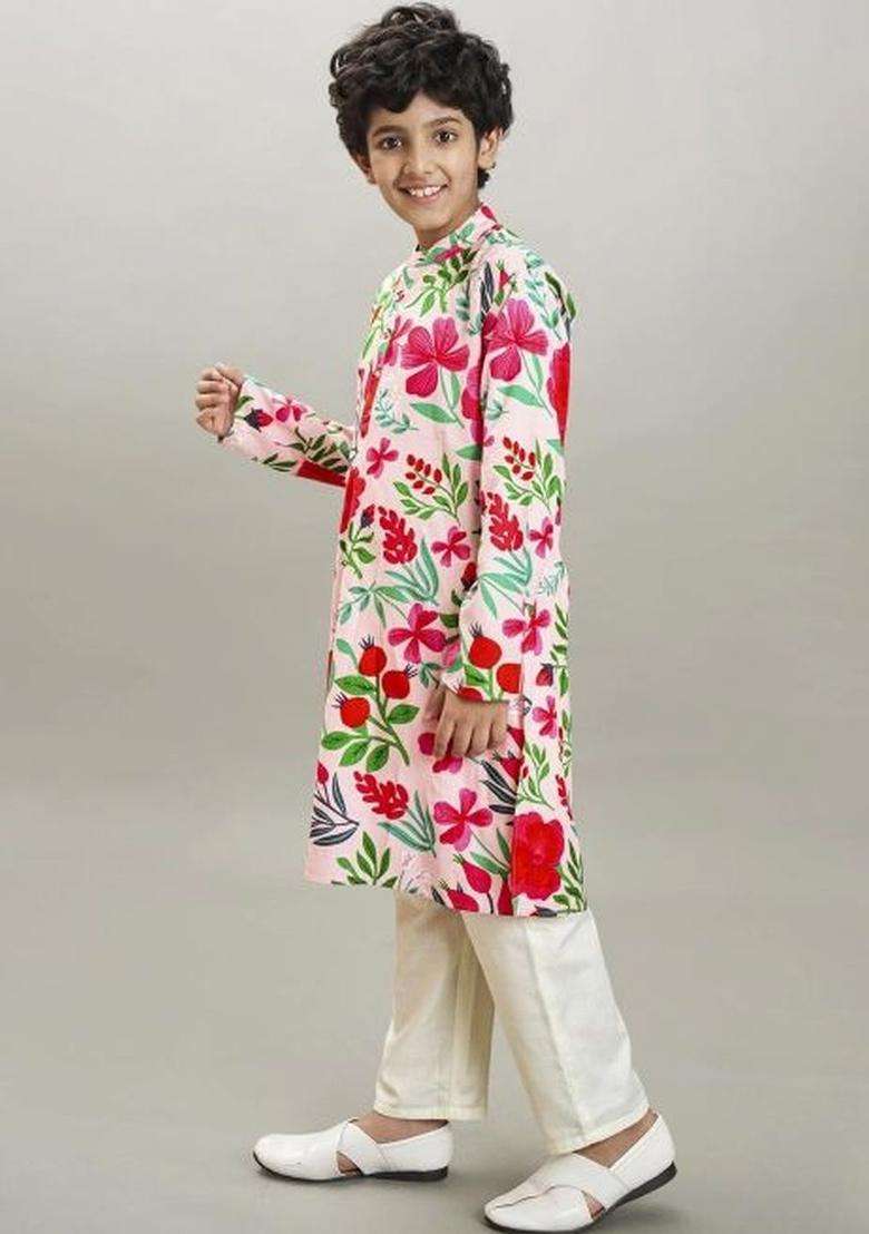 Peach Printed Viscose Kurta Set For Boys - Indya