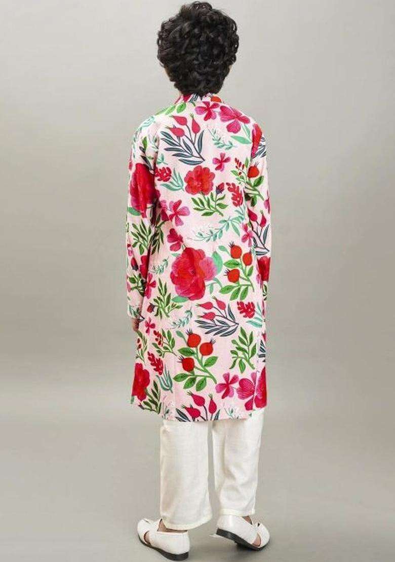 Peach Printed Viscose Kurta Set For Boys - Indya