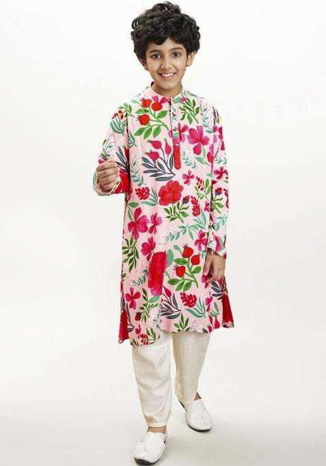 Peach Printed Viscose Kurta Set For Boys