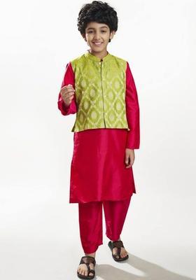 Red Solid Silk Kurta Set For Boys