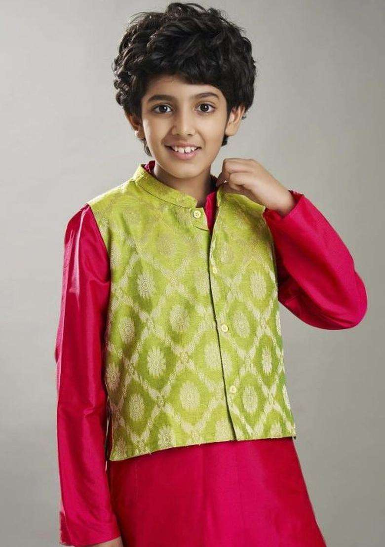 Red Solid Silk Kurta Set For Boys - Indya