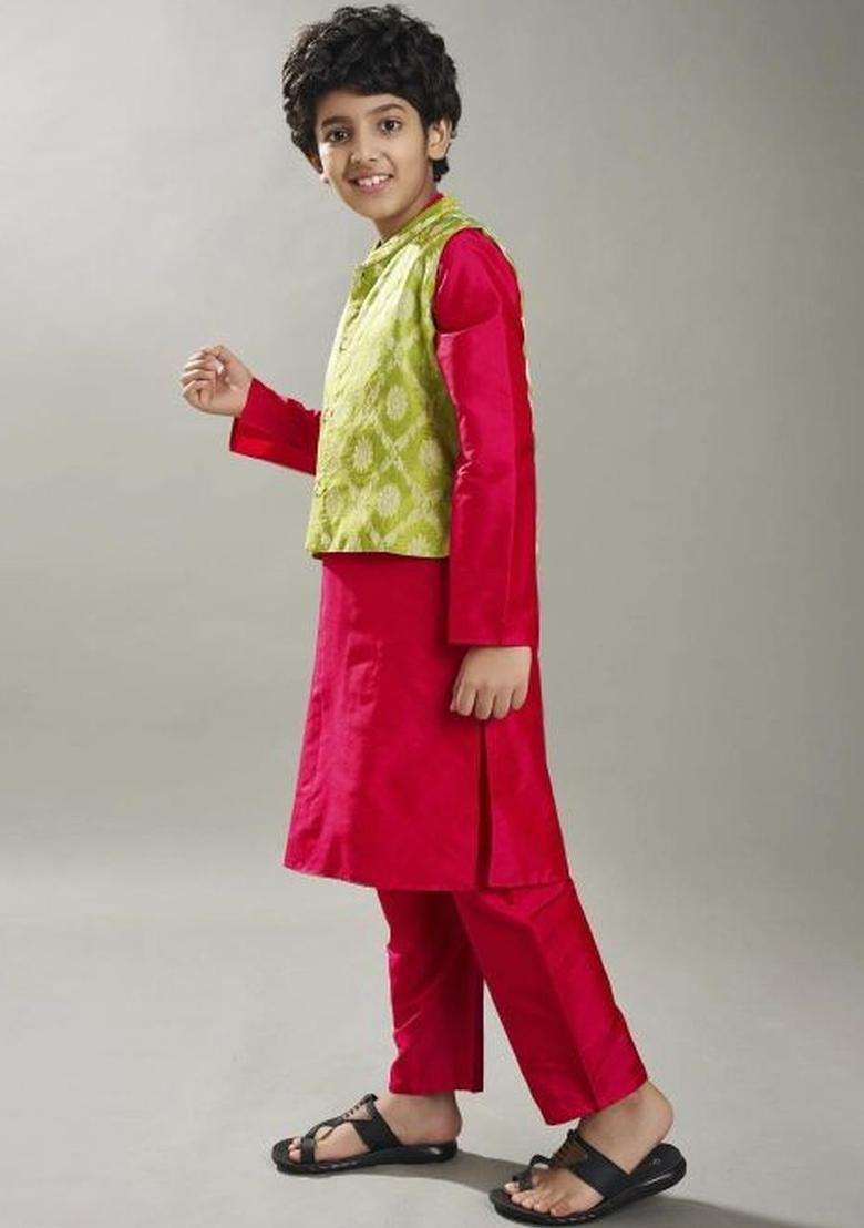 Red Solid Silk Kurta Set For Boys - Indya