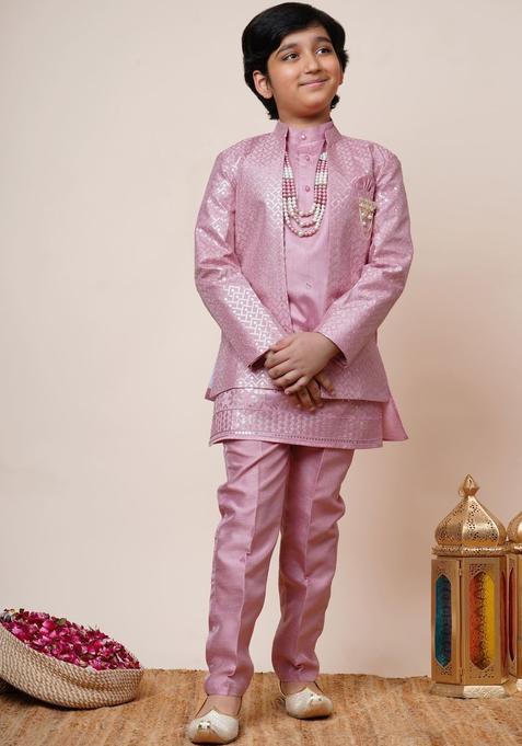 Mauve Embroidered Silk Kurta Set For Boys — view on Indya