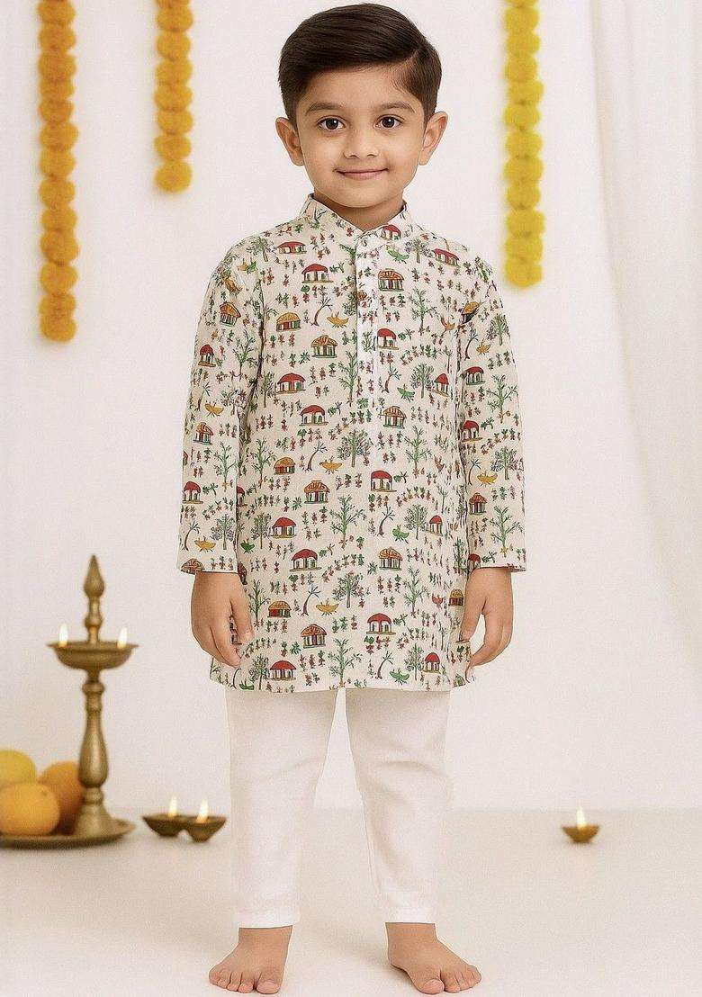 White Printed Cotton Kurta Set For Boys - Indya