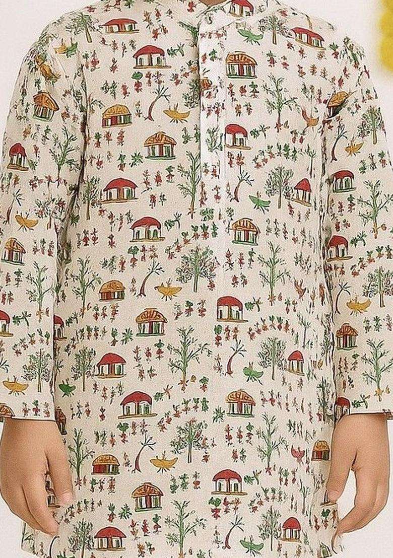 White Printed Cotton Kurta Set For Boys - Indya