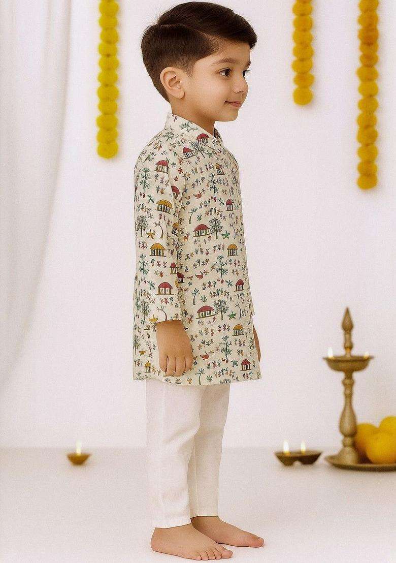 White Printed Cotton Kurta Set For Boys - Indya