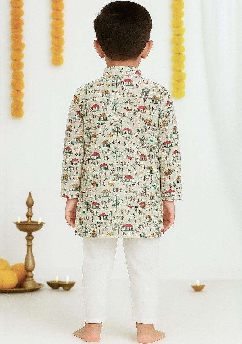 White Printed Cotton Kurta Set For Boys - Indya