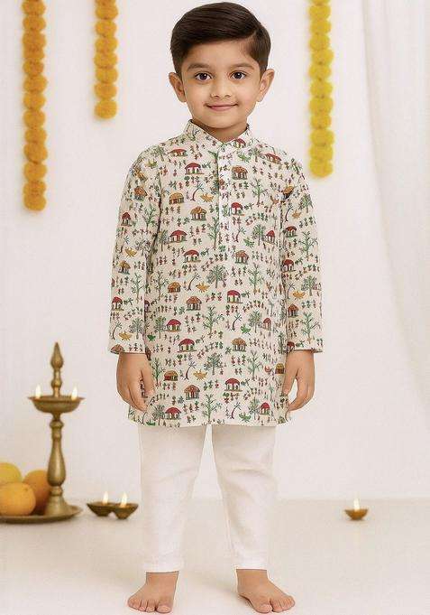 White Printed Cotton Kurta Set For Boys