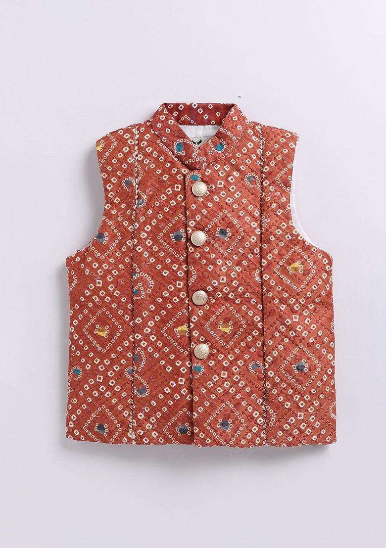 Brown Embroidered Silk Kurta Set For Boys - Indya