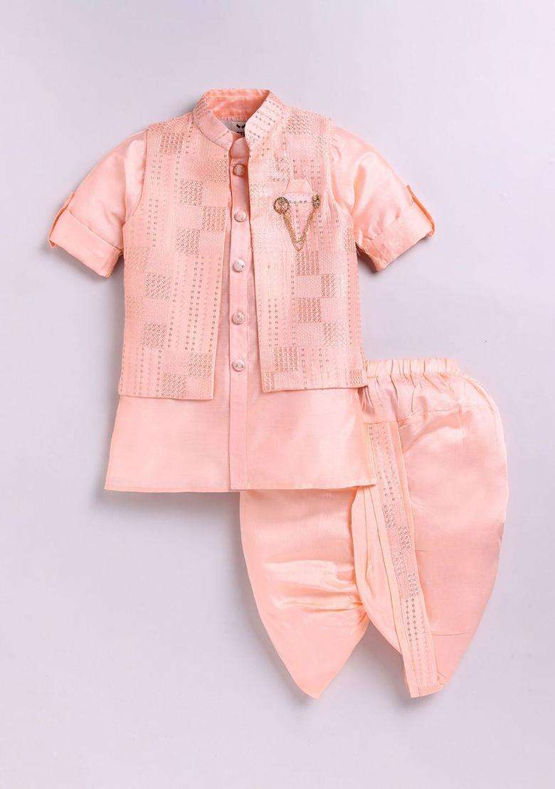 Peach Solid Silk Kurta Set For Boys - Indya