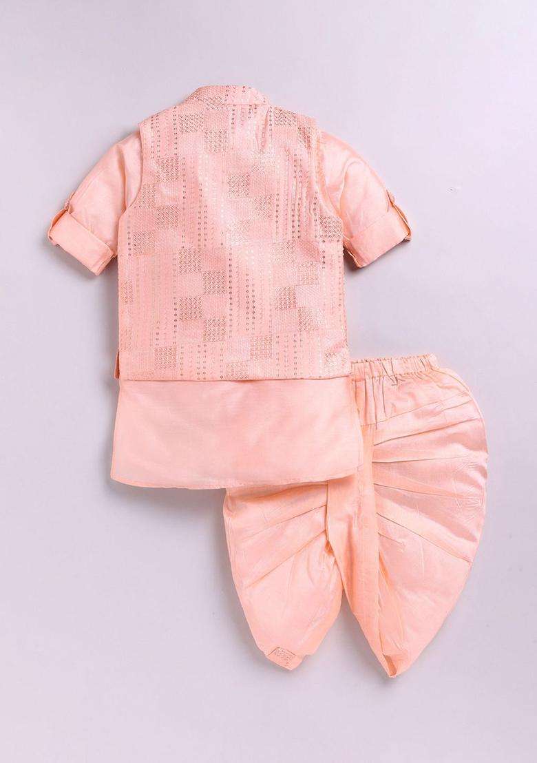 Peach Solid Silk Kurta Set For Boys - Indya