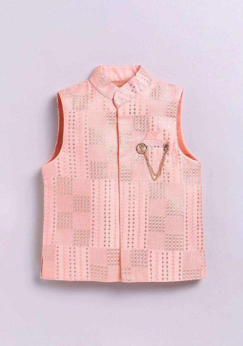 Peach Solid Silk Kurta Set For Boys - Indya