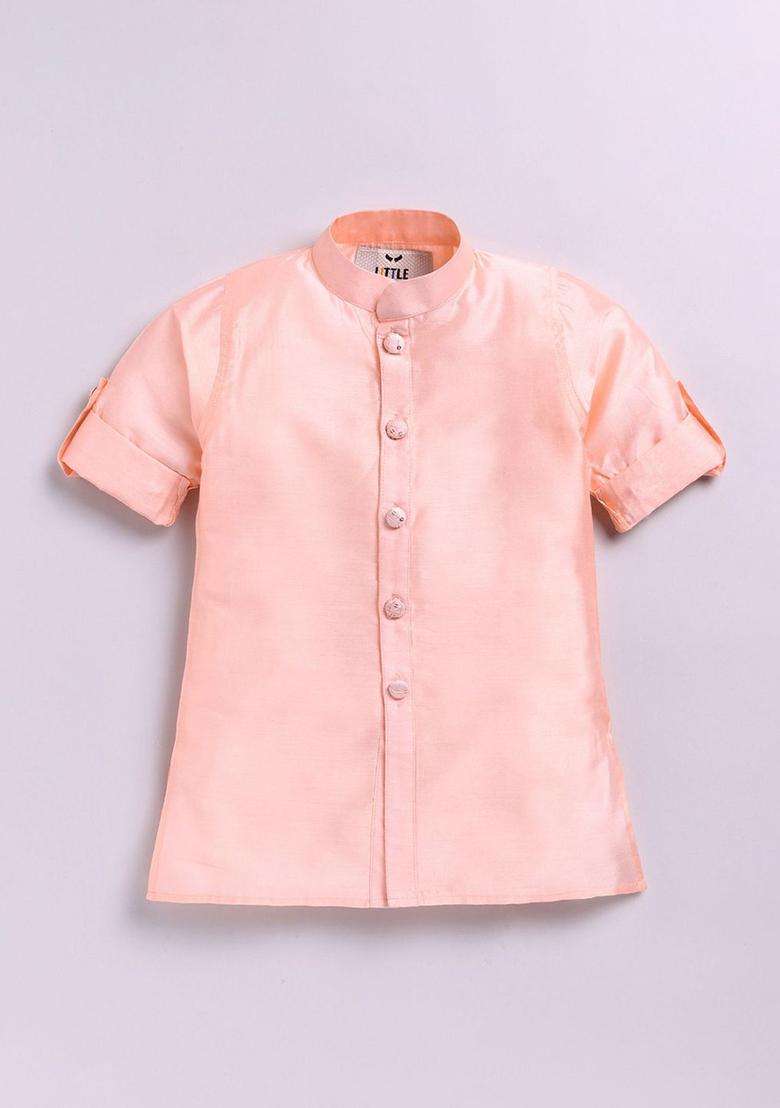 Peach Solid Silk Kurta Set For Boys - Indya