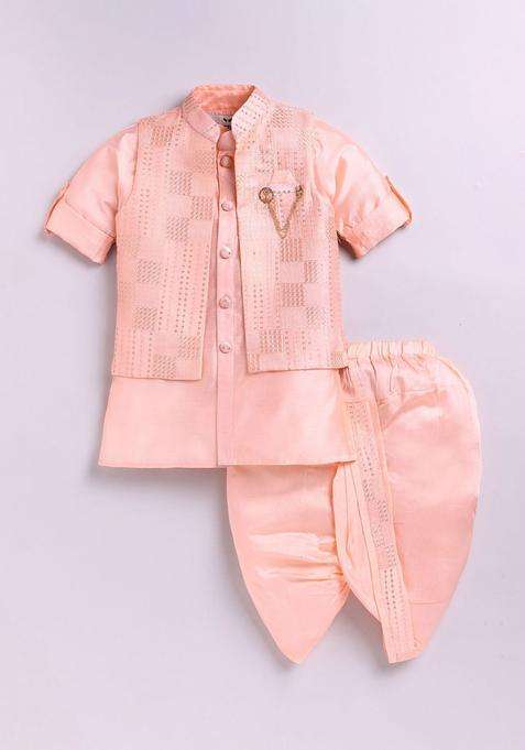 Peach Solid Silk Kurta Set For Boys