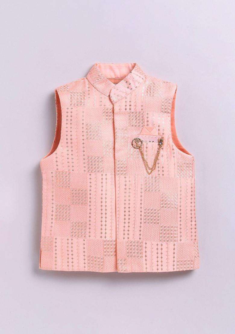 Peach Solid Silk Kurta Set For Boys - Indya