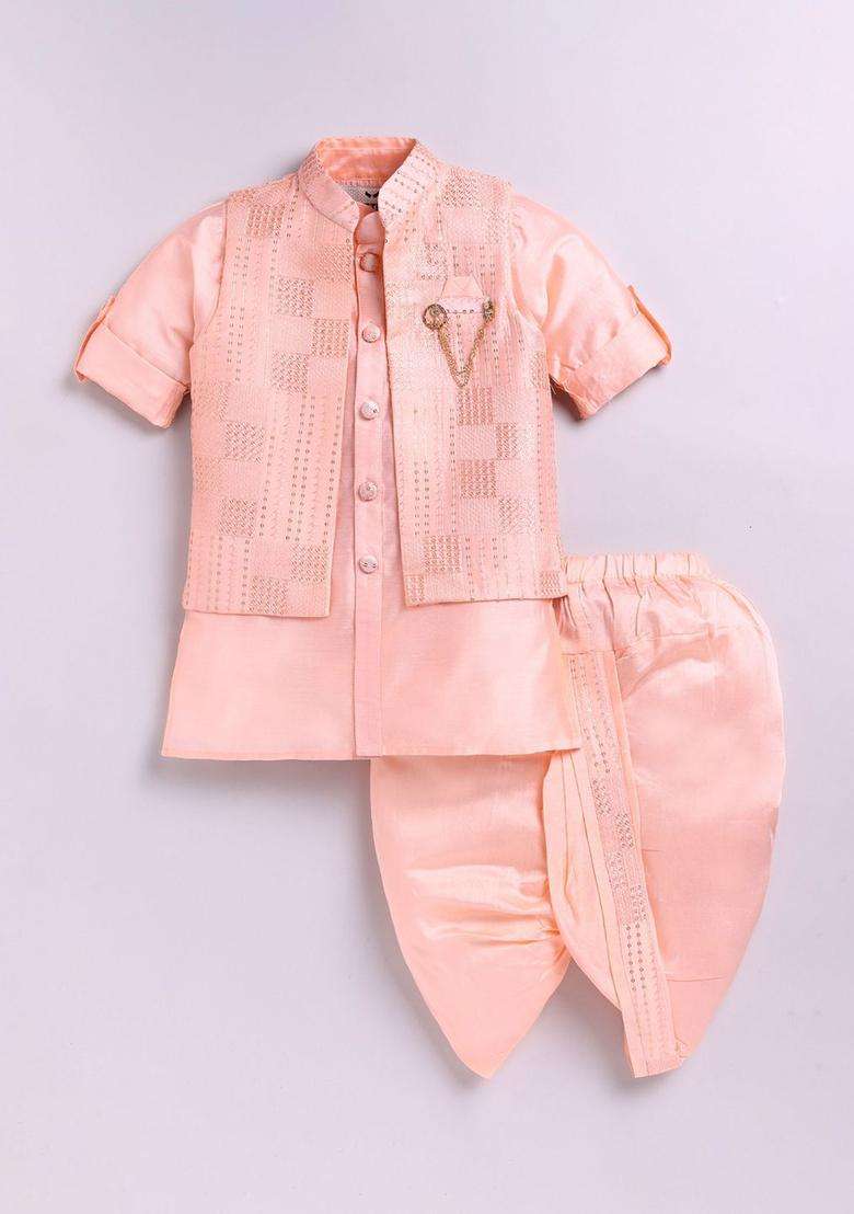 Peach Solid Silk Kurta Set For Boys - Indya